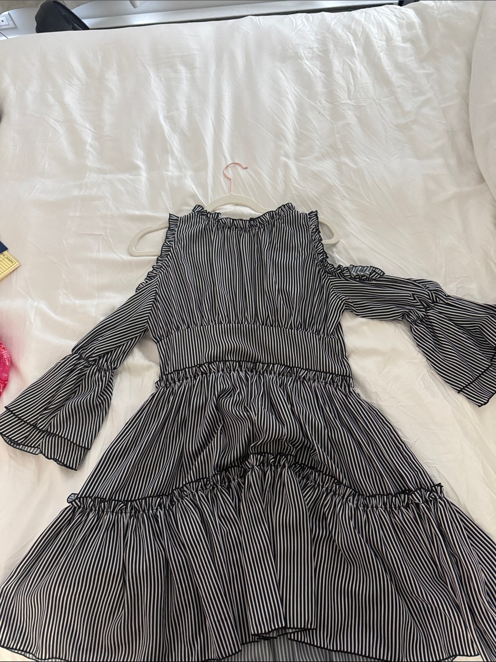 Maje Black and White Striped Cold-Shoulder Dress